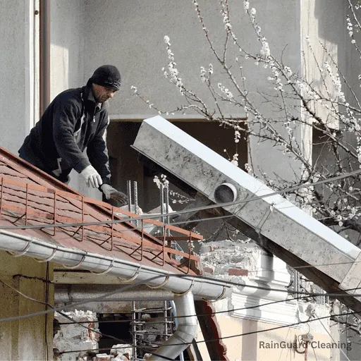A professional working on the gutter side of a roof in Brentwood, TN. Our gutter cleaning service guarantees debris-free gutters, proper drainage, and exceptional results.