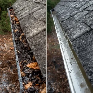 Before and After Gutter Cleaning_ Create a split-image that demonstrates the difference between a clogged gutter (before cleaning) and a clean, clear gutter (after cleaning).