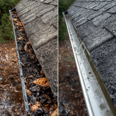 Before and After Gutter Cleaning_ Create a split-image that demonstrates the difference between a clogged gutter (before cleaning) and a clean, clear gutter (after cleaning).