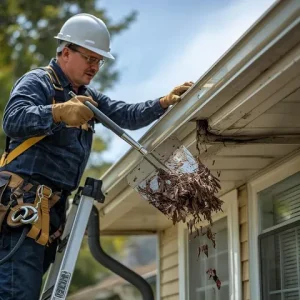 RainGuard Cleaning in Action at _ Show a professional technician cleaning gutters on a house with a ladder and safety equipment, focusing on the process of removing debris from the gutters.