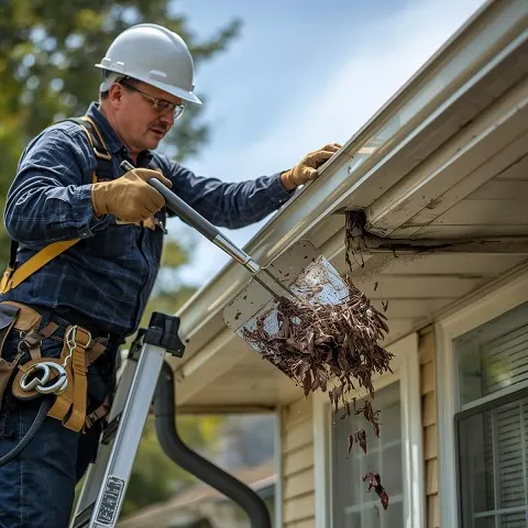 RainGuard Cleaning in Action at _ Show a professional technician cleaning gutters on a house with a ladder and safety equipment, focusing on the process of removing debris from the gutters.