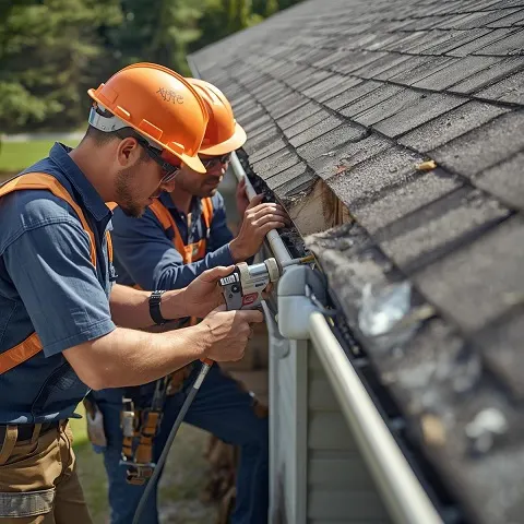 Professional Gutter Repair Services_ Show technicians fixing leaking gutters or replacing downspouts, emphasizing the attention to detail and care taken in repairs...