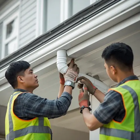 Professional Gutter Repair Services_ Show technicians fixing leaking gutters or replacing downspouts, emphasizing the attention to detail and care taken in repairs.